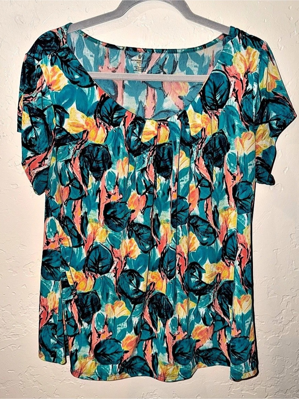 Worthington Floral Short Sleeve Blouse in Blue & Pink Size 1X